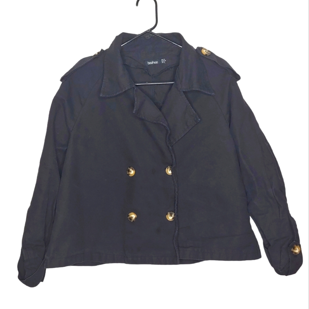 Boohoo Women's Black Double Breasted Button Down Cropped Winter Peacoat Size 10